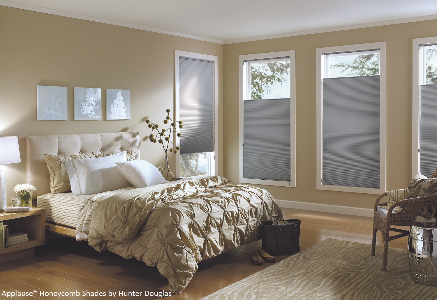 honeycomb and pleated shades in the bedroom